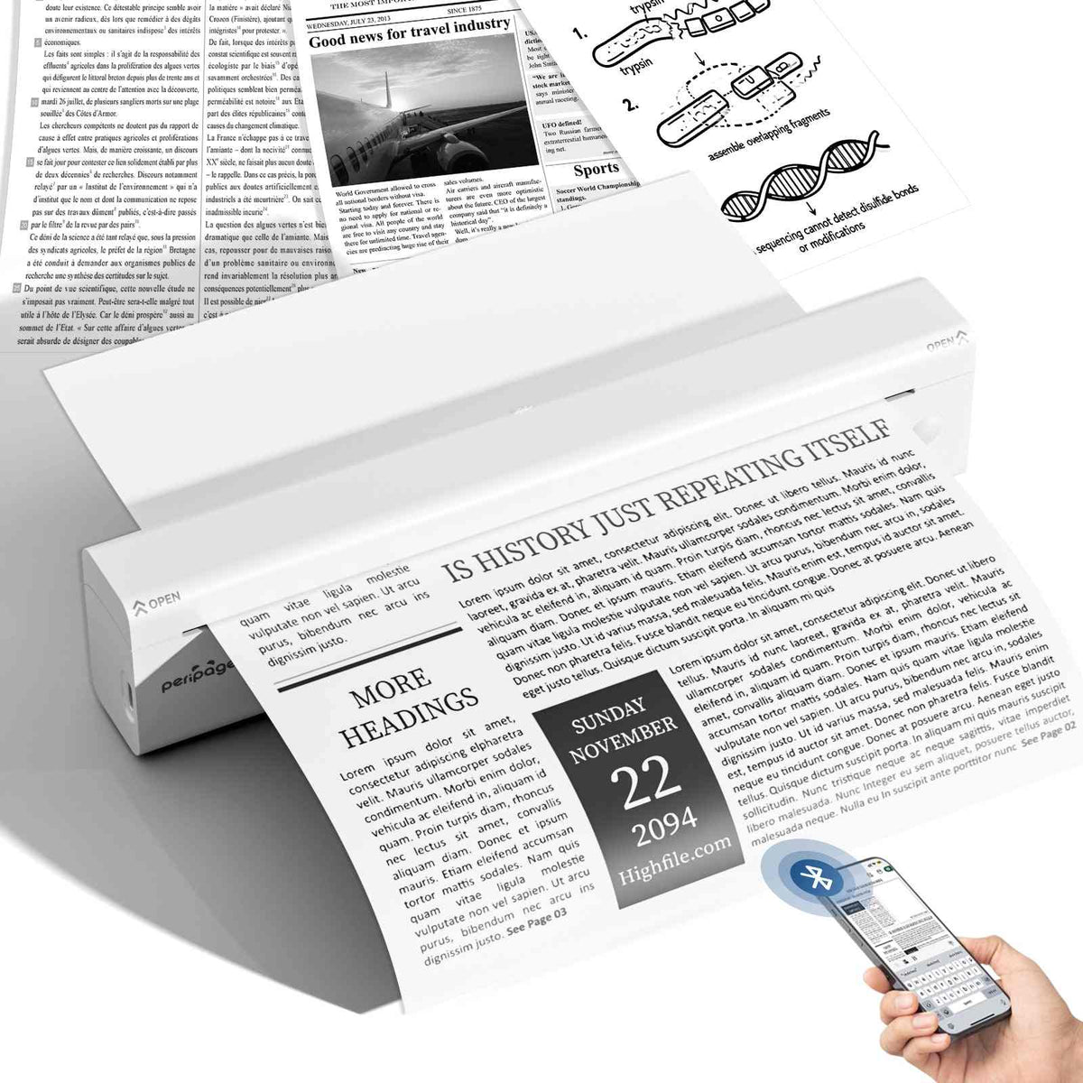 P85 Portable Thermal Printer in white with compact rectangular design printing black text and images on thermal paper, handheld wireless control visible.