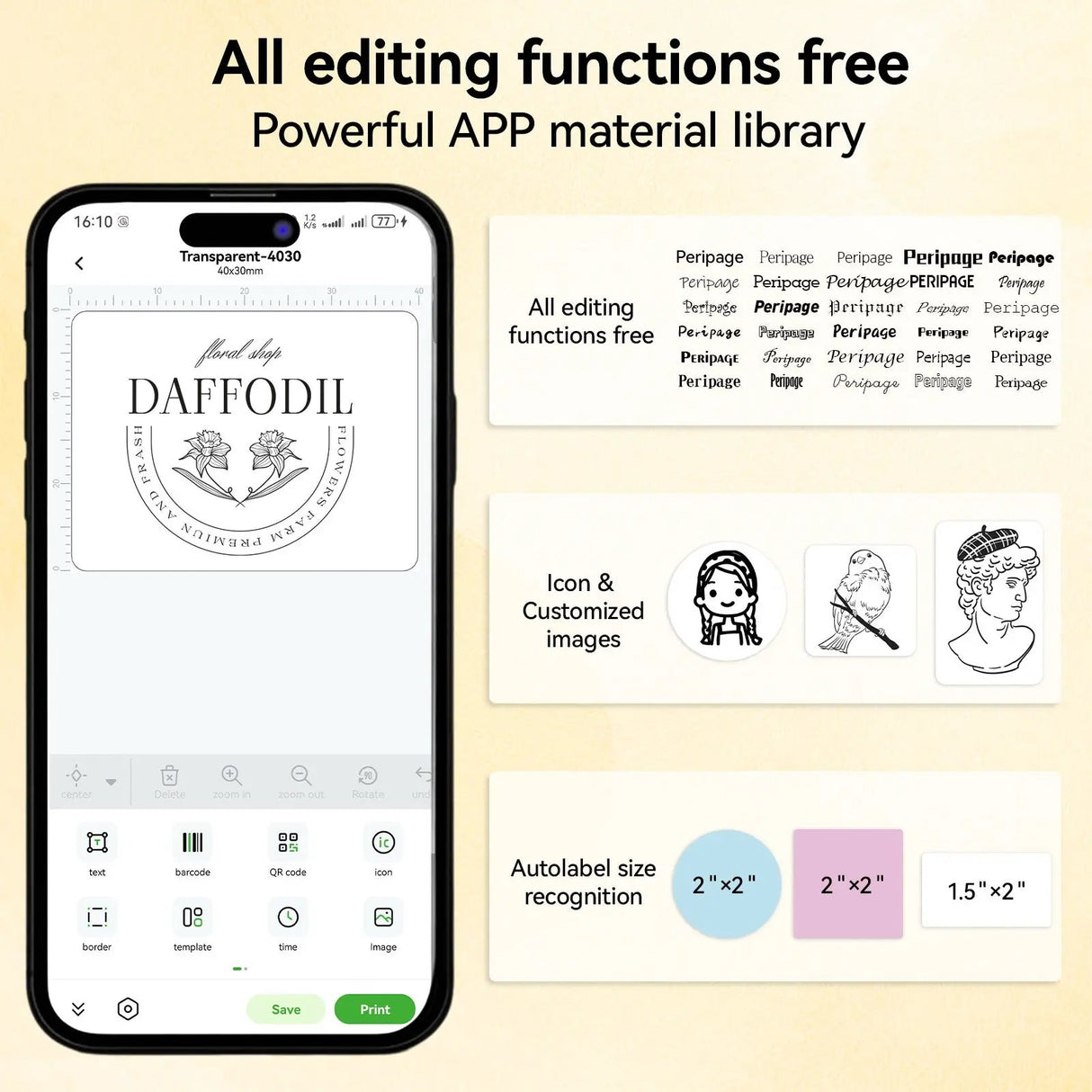 PB20 Bluetooth Label Printer, 2 Inch Portable Picture Thermal Printer, highlighting the app’s free editing features and extensive material library