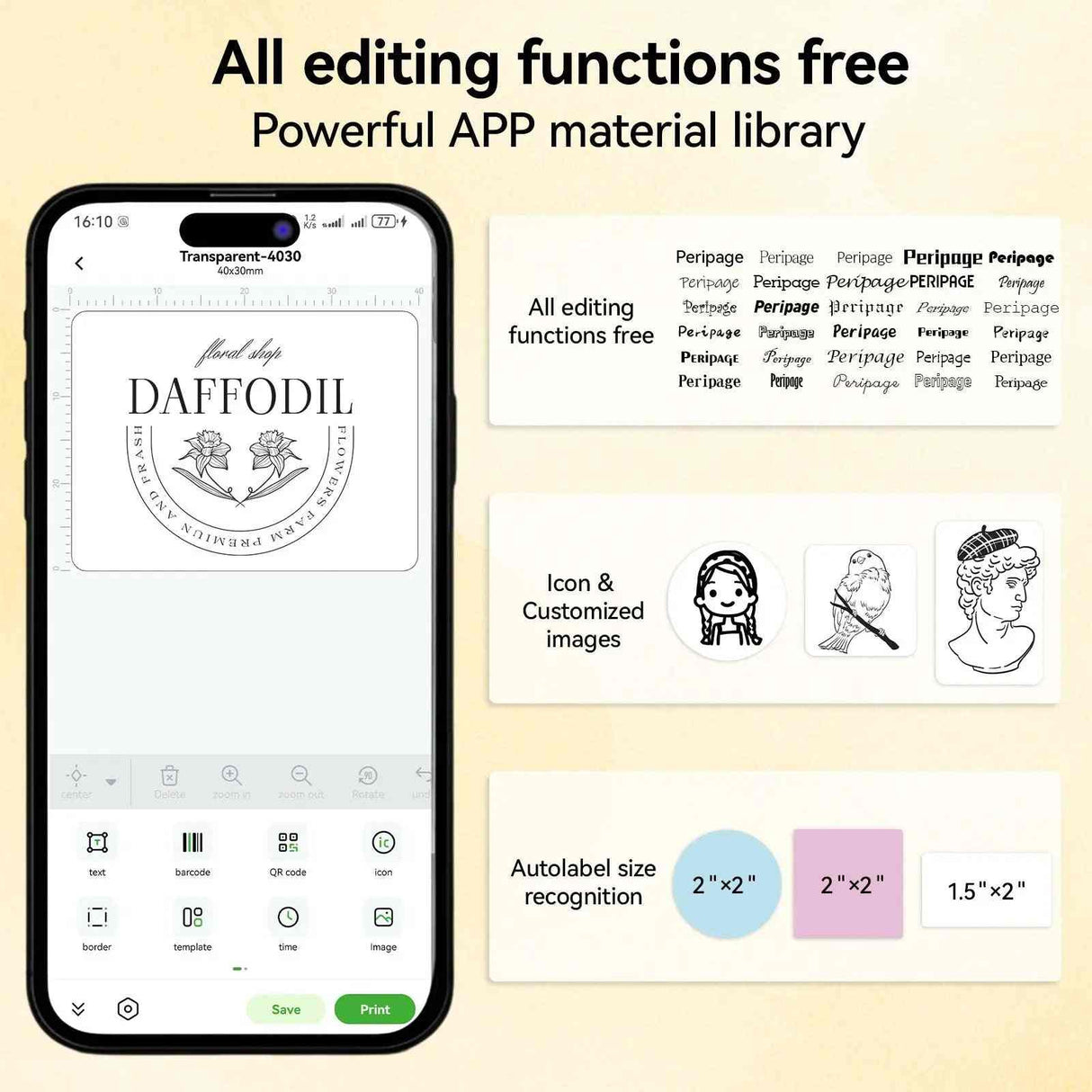 PB20 Bluetooth Label Printer, 2 Inch Portable Picture Thermal Printer, highlighting the app’s free editing features and extensive material library