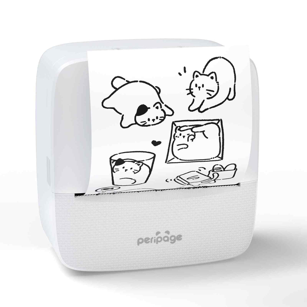 Compact white PeriPage Photo Printer Bluetooth thermal printer producing black and white cartoon cat sketches on thermal paper.