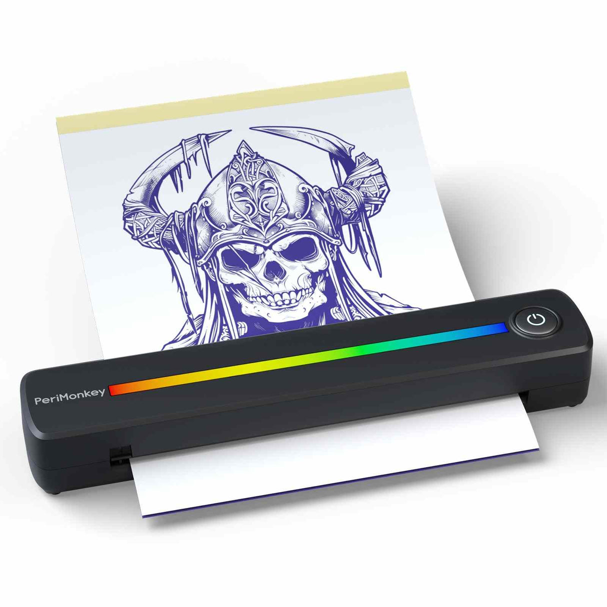 Tattoo artist smiling and showcasing the P91s AI Tattoo Stencil Printer up close