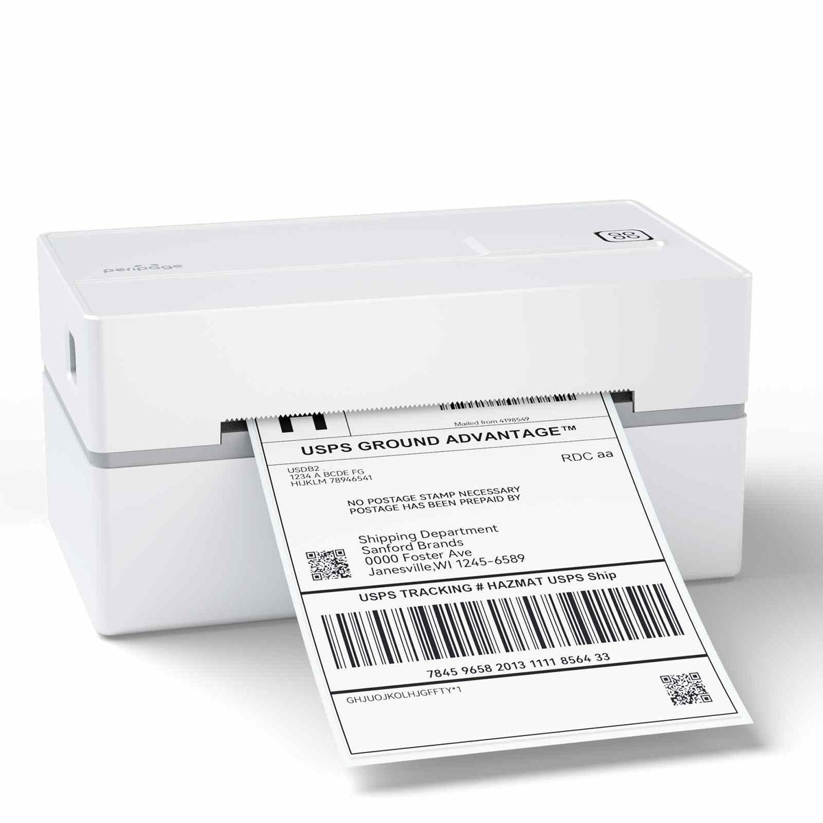 White compact Shipping Label Printer with gray accents, printing a USPS ground advantage label with clear barcode and text.