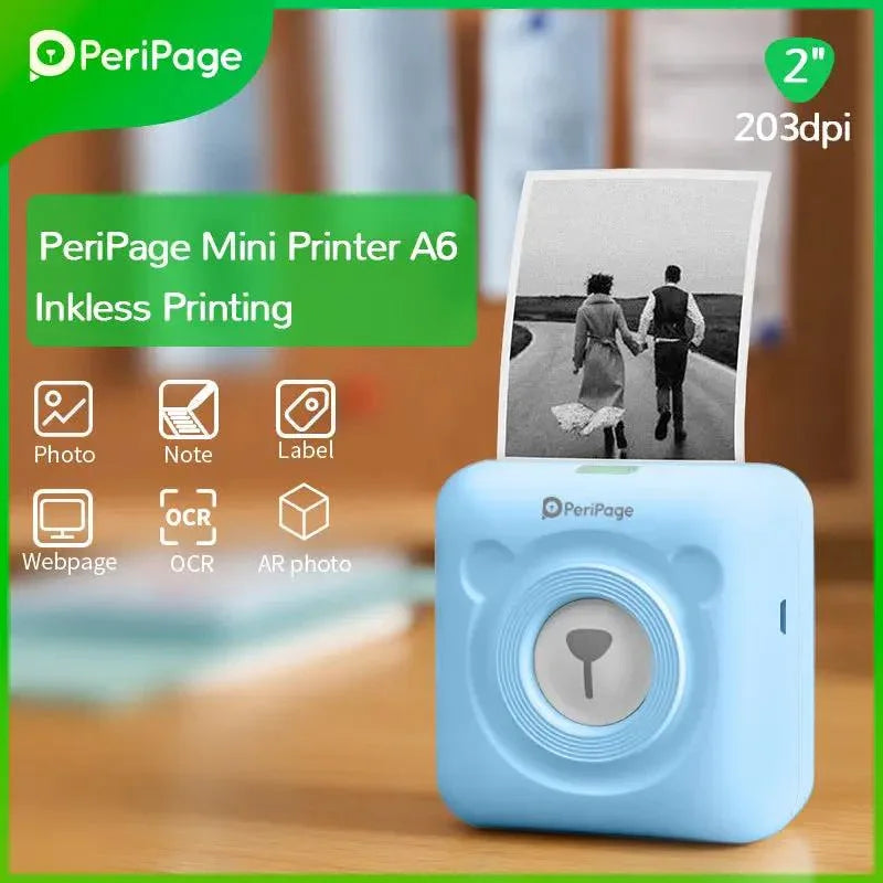 PeriPage 2" A6 Mini Printer in blue, wireless printing for photos, notes, labels, and OCR with 203 dpi resolution.
