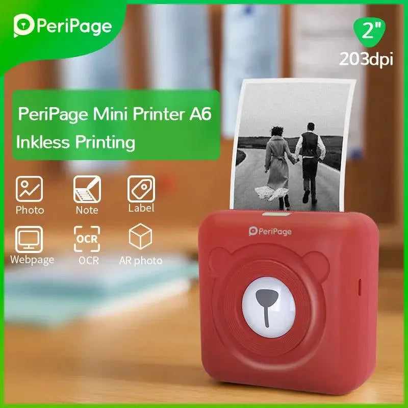 PeriPage 2" A6 Mini Printer in red, offering inkless printing with 203 dpi resolution, perfect for photo, note, label printing, and OCR support