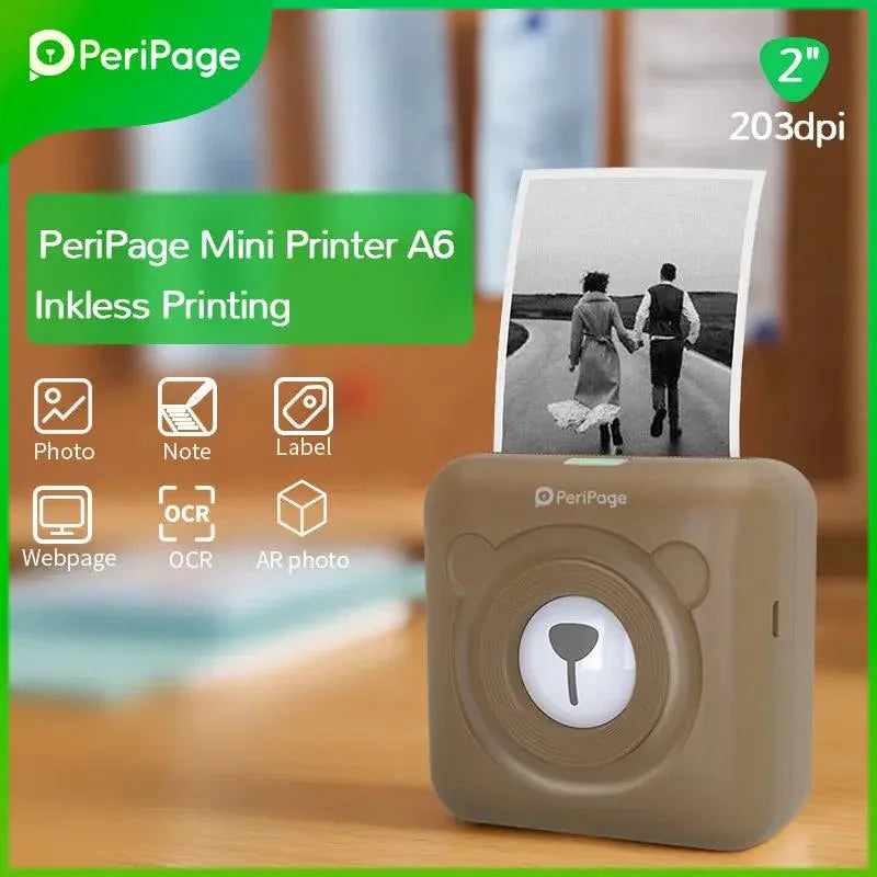 PeriPage 2" A6 Mini Printer in yellow, featuring inkless printing, ideal for photo and label printing with OCR recognition, portable and wireless