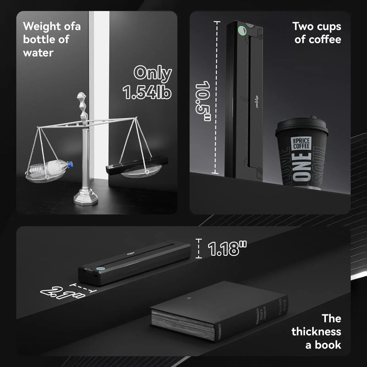 Close-up of PeriPage P90 Tattoo Stencil Printer highlighting features including inkless printing, easy use, portability, rechargeable battery, Bluetooth, USB print, and tattoo app compatibility.