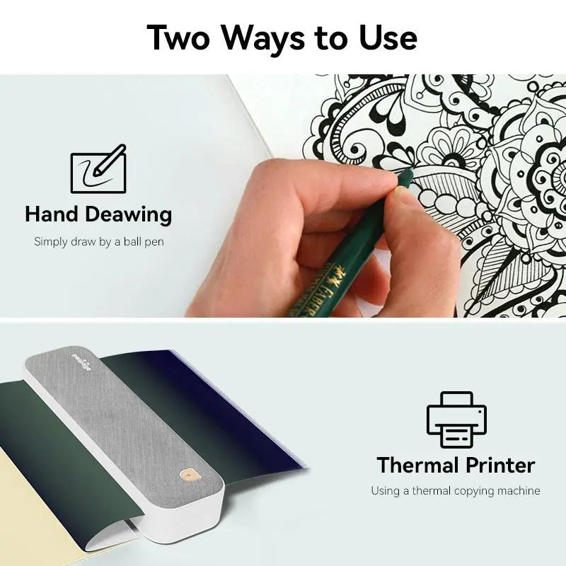 PeriPage Tattoo Transfer Paper for Wireless Tattoo Printer (P90, P90Pino), featuring a comparison between fast tattoo image printing with the product and a tattoo artist drawing designs manually