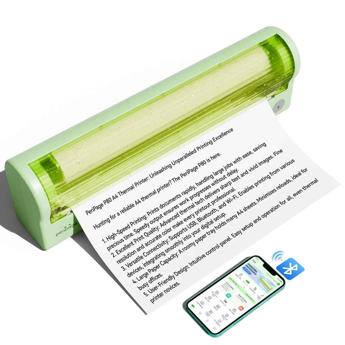 Peripage P80 compact wireless thermal printer in light green, printing a document with smartphone app connectivity visible.