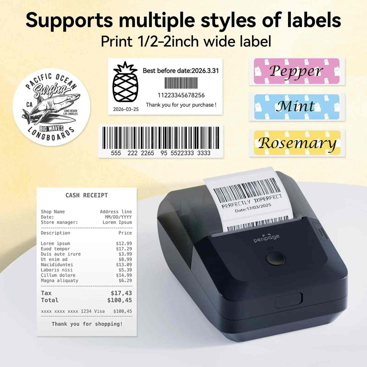 PB20 Bluetooth Label Printer, 2 Inch Portable Picture Thermal Printer, showcasing the product printing various types of labels