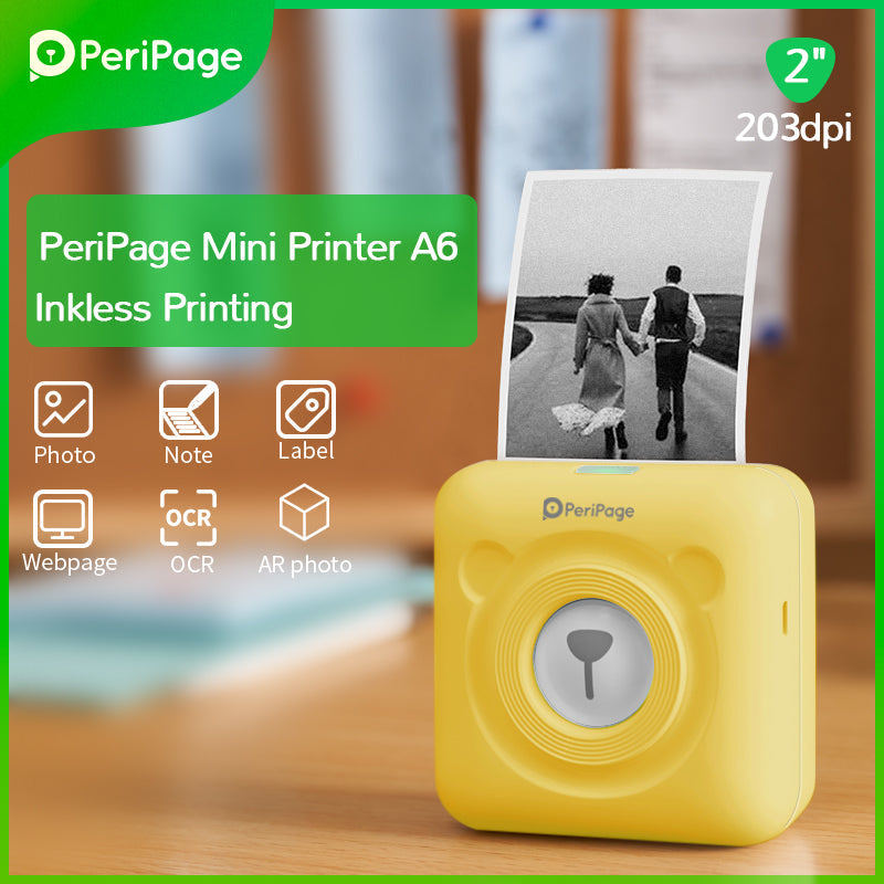 PeriPage 2" A6 Mini Printer in yellow, showing photo printing functionality with a photo of a couple