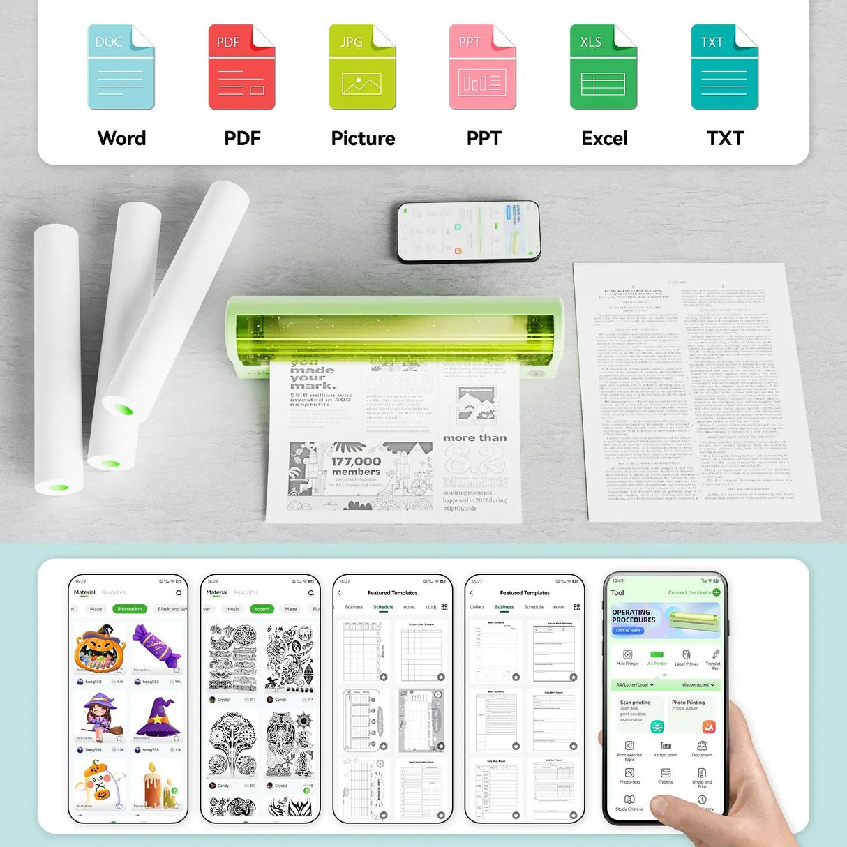 Lightweight PeriPage P80 wireless portable thermal printer in green, easy to carry and store in a backpack, ideal for travel and work on the go.