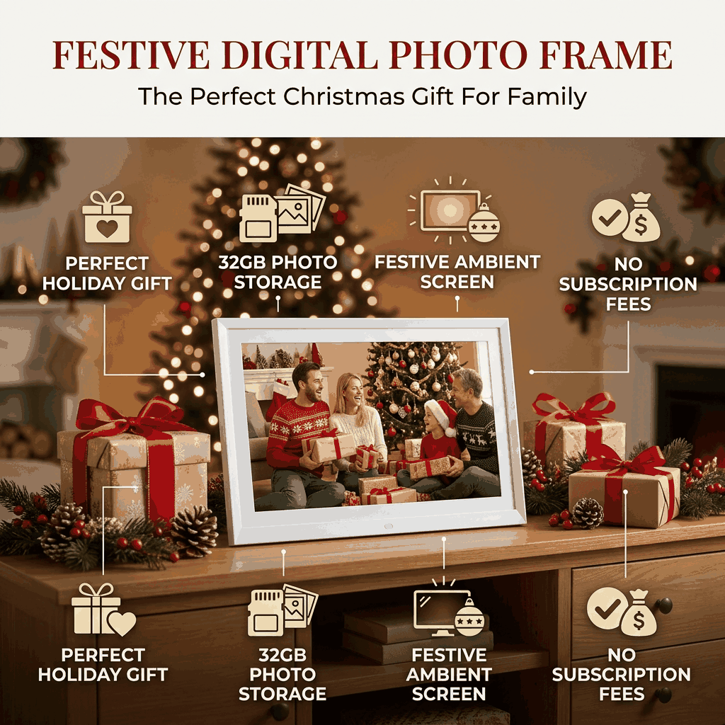 Festive Digital Photo Frame mode infographic as the perfect family Christmas gift