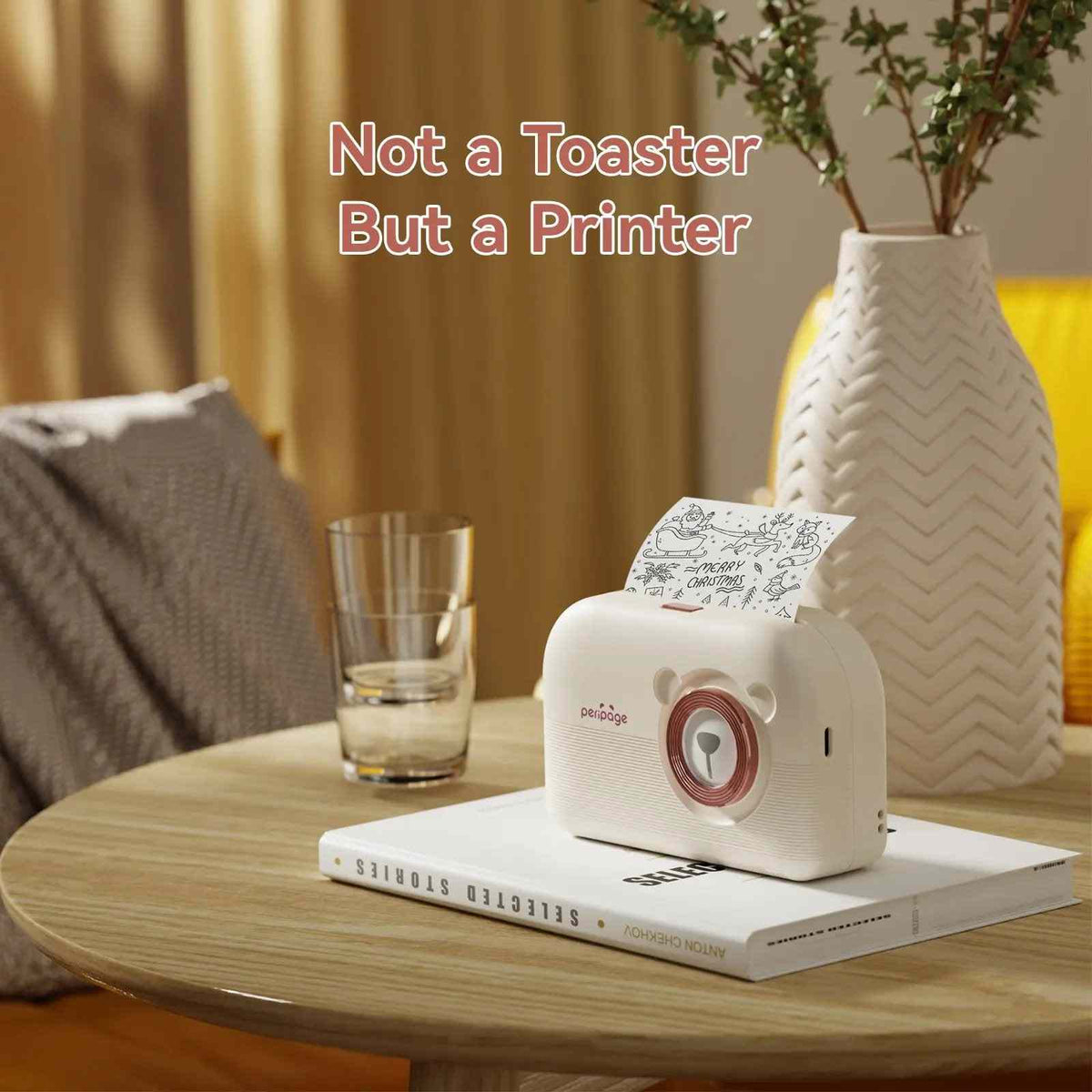 Compact white PeriPage A3X mini pocket thermal printer with rounded edges, printing a cute illustrated photo.