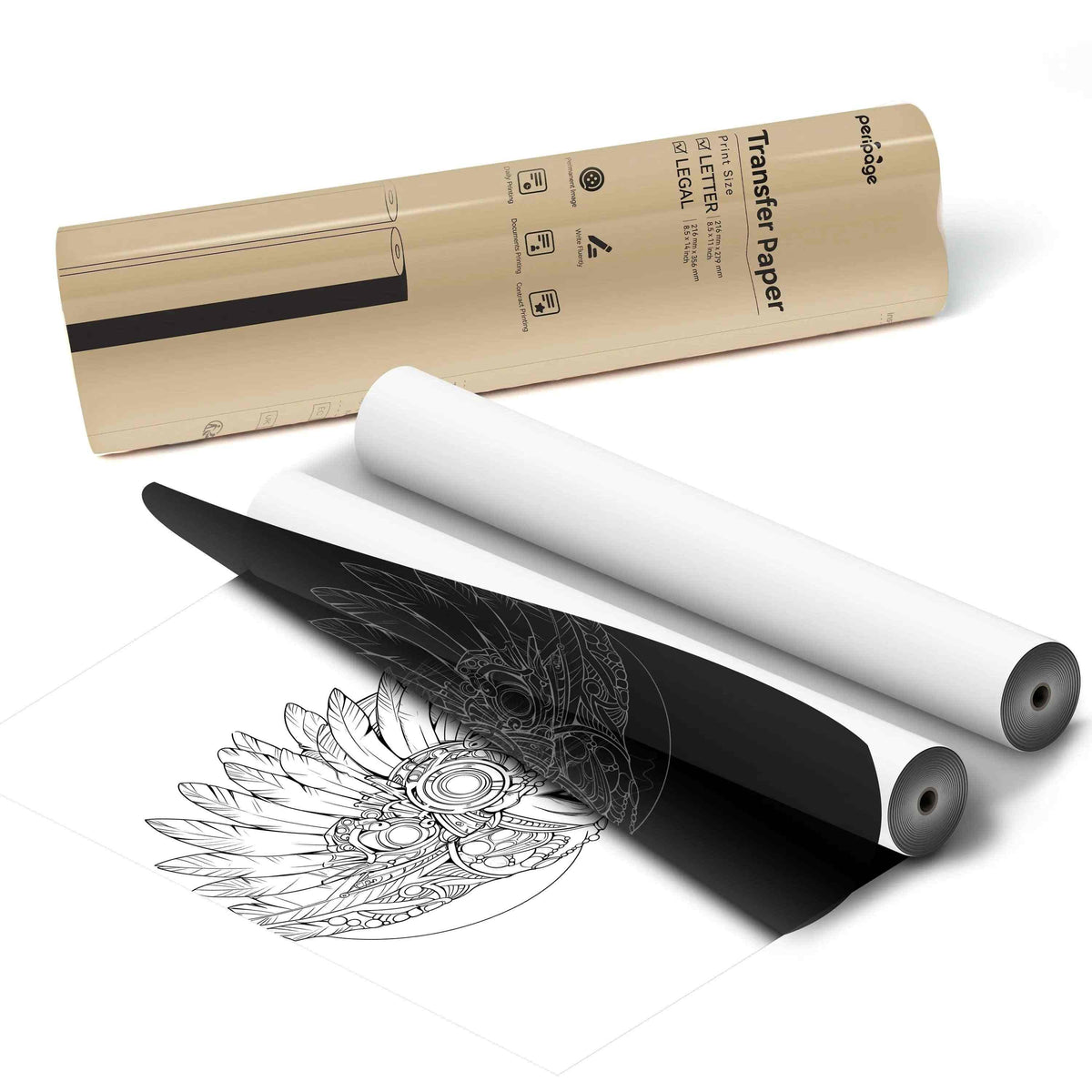 PeriPage A4 Transfer Paper roll with white and black layers, featuring detailed printed owl feather design on white sheet