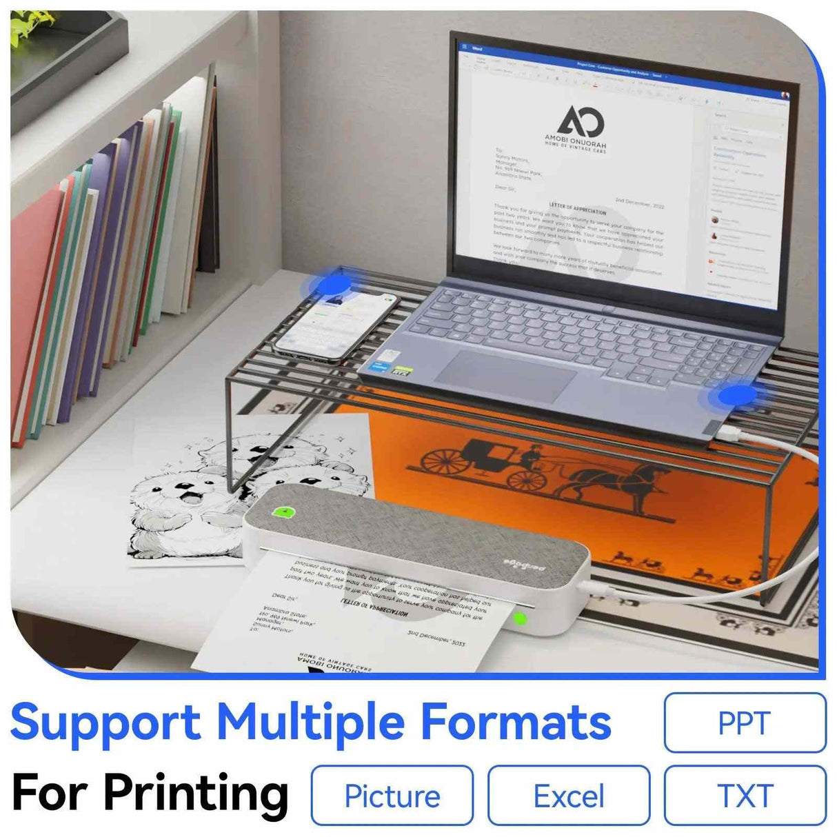PeriPage A40 Printer - Compatible with 2" to 8.5" Paper for Receipts, Photos, Tattoos, and US Letter, Offering High-Definition Ink-Free Printing