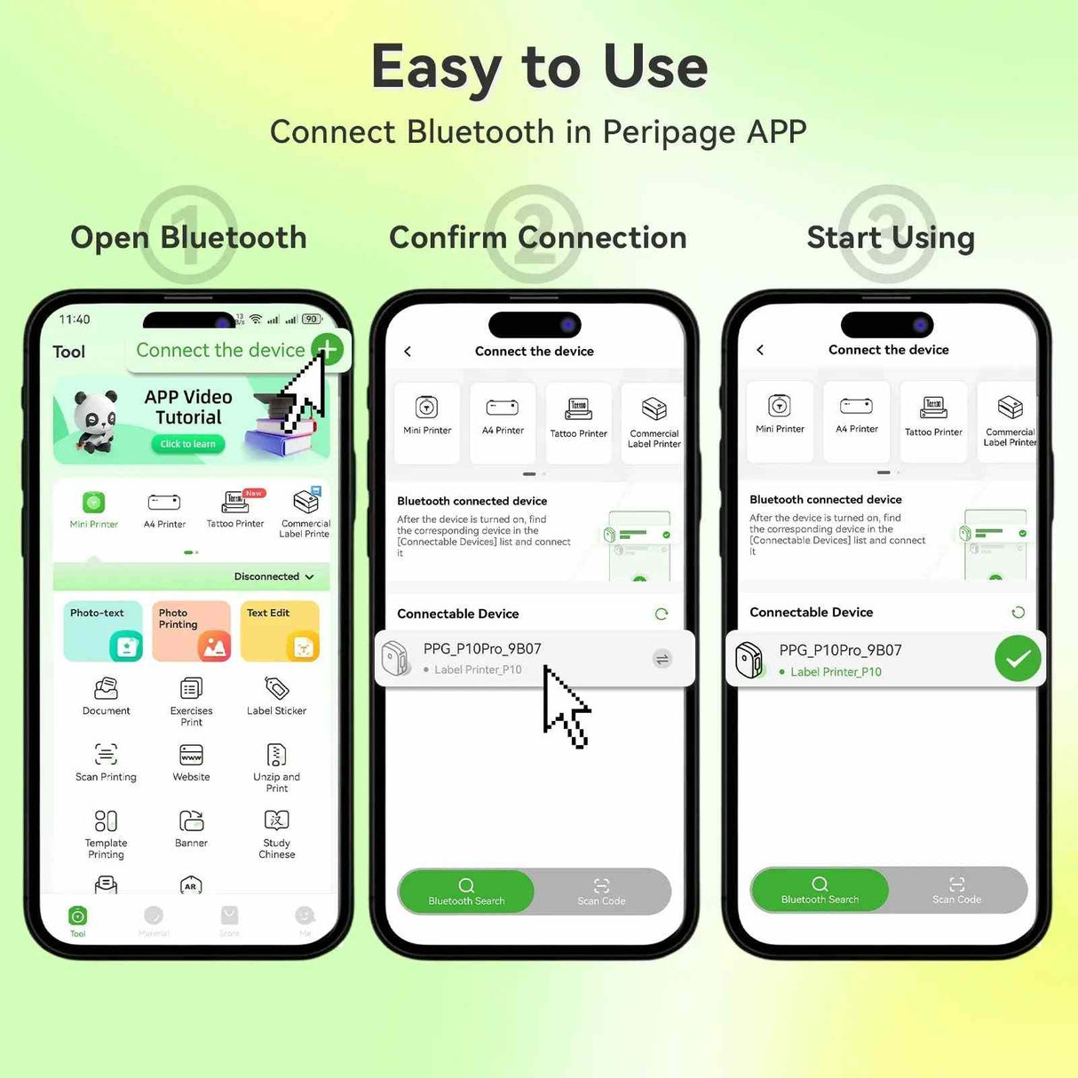 Step-by-step guide for connecting Bluetooth in the Peripage app, showing the process from opening Bluetooth to confirming connection