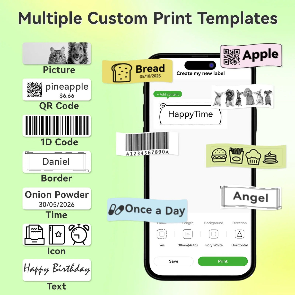 Peripage custom print templates shown on a phone app interface, including options for QR codes, 1D codes, pictures, text, icons, and more