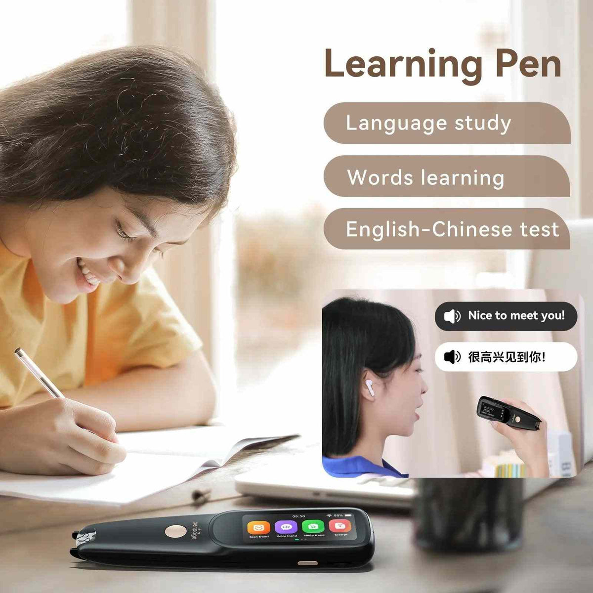 Use the PeriPage D2S Learning Pen for Language Study and Words Learning, featuring English-Chinese Test and Translation.