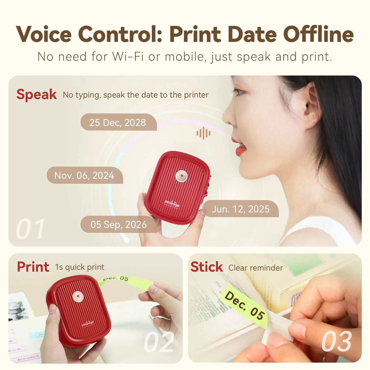 Hands-free printing with the PeriPage P10 Voice Label Printer, supporting smart voice control for quick labeling.