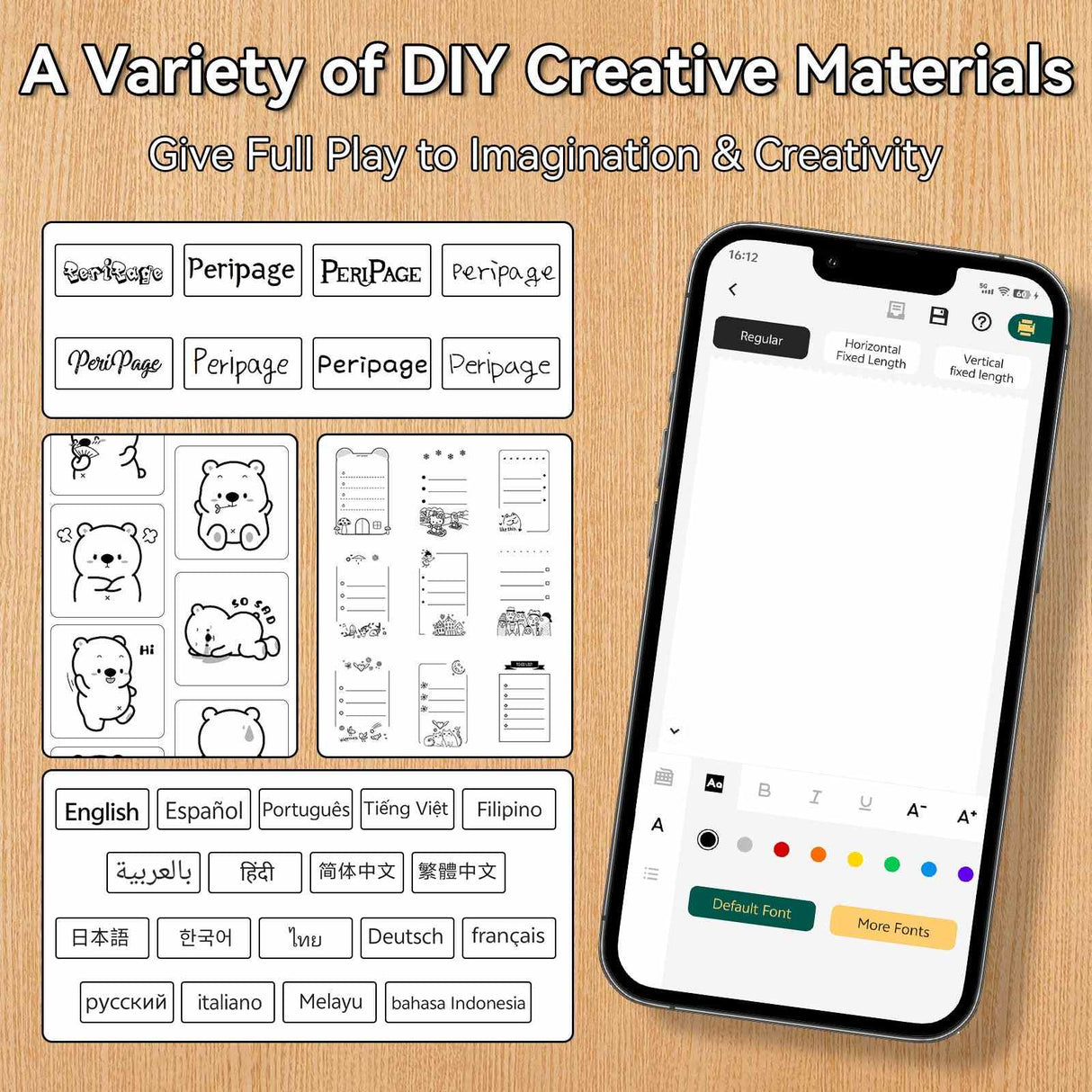 Unleash creativity with PeriPage P21's multilingual support and diverse DIY materials - includes font options and layout settings for custom projects.