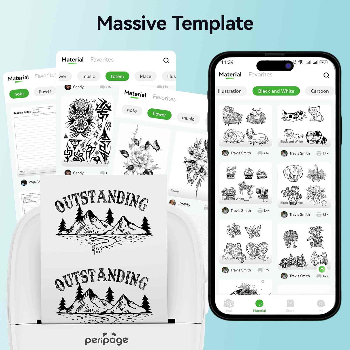 Access a massive template library with your PeriPage P22 including favorites, music sheets, illustrations, cartoons, and reading materials.