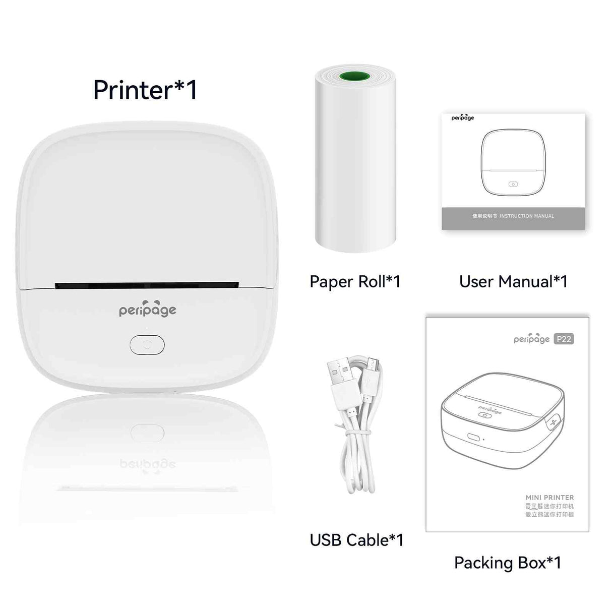 Everything included in the PeriPage P22 box: mini printer, USB cable, paper roll, user manual, and packing box.