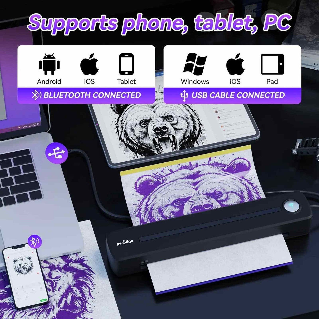 Easy to use PeriPage P91 wireless tattoo printer: power on, connect via app, load specialty paper, and start your DIY tattoo printing.