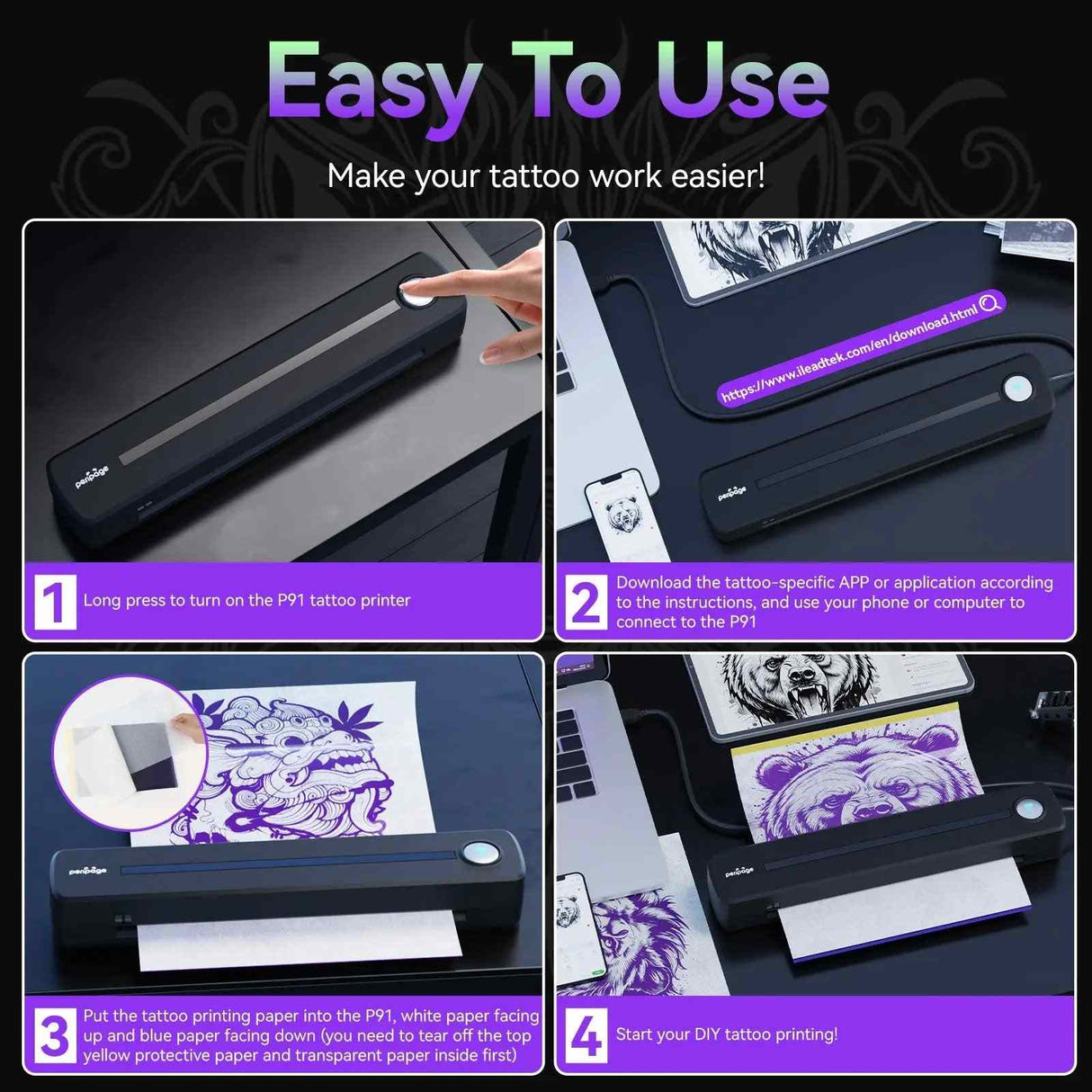 Achieve professional-grade tattoo stencils with the PeriPage P91. Its high-definition printing captures crisp textures and fine lines, streamlining your workflow.