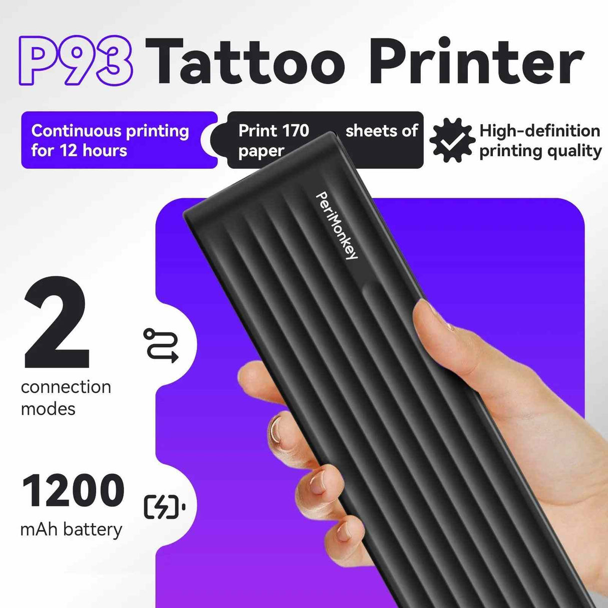 The PeriPage P93 features versatile 2-in-1 connectivity: use the USB-Type-C cable for a dedicated connection or go wireless for ultimate flexibility.