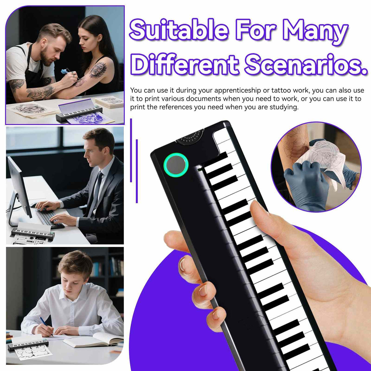 The PeriPage Pino is suitable for many scenarios - use during tattoo apprenticeship, professional work, office tasks, or study reference printing.