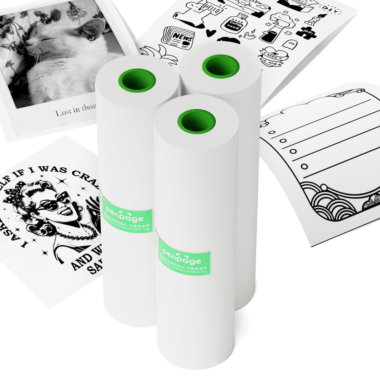 PeriPage White Non-Sticky Thermal Paper - 3 Rolls with 10-year image duration, BPA Free, and resistant to oil, water, and abrasion.