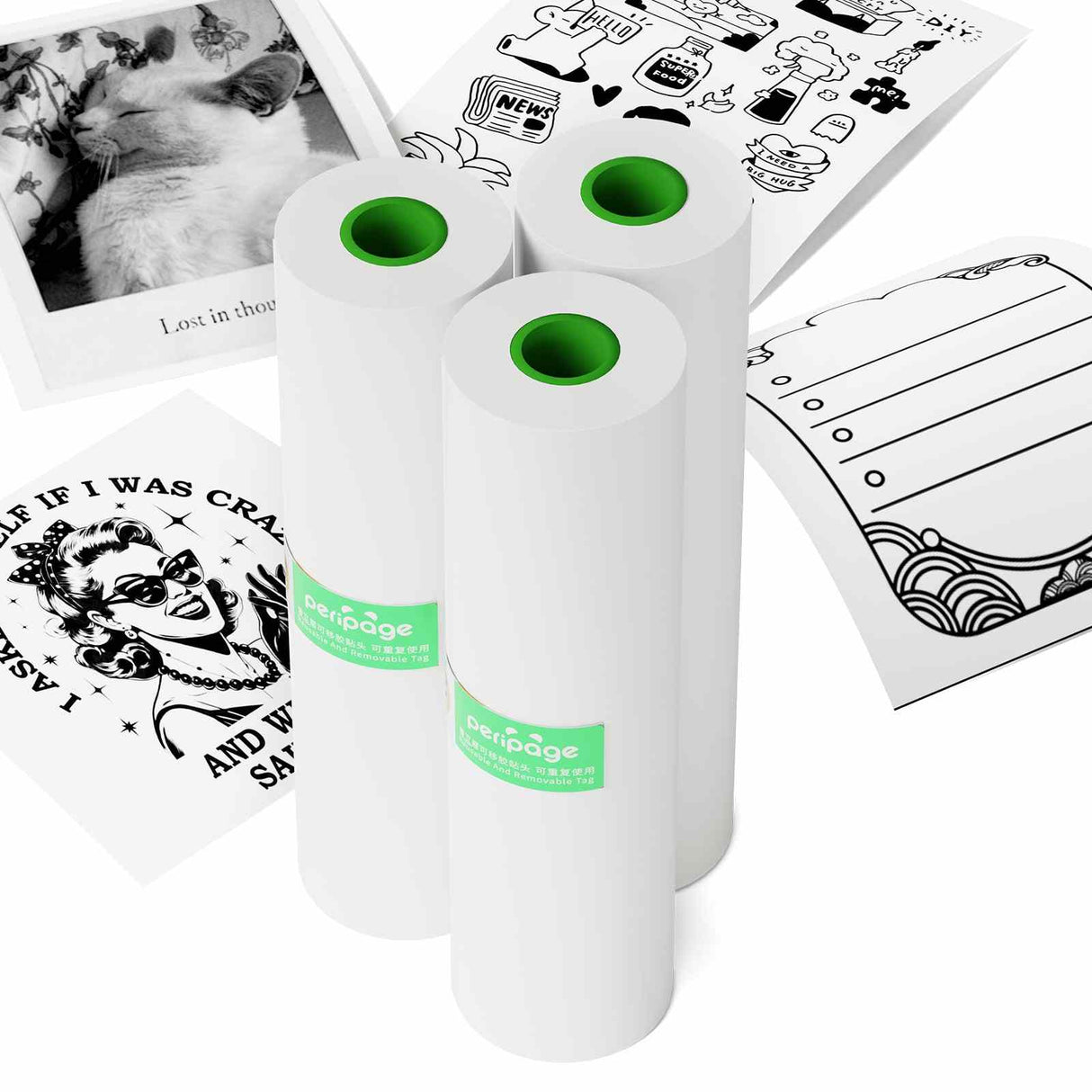 PeriPage White Non-Sticky Thermal Paper - 3 Rolls with 10-year image duration, BPA Free, and resistant to oil, water, and abrasion.