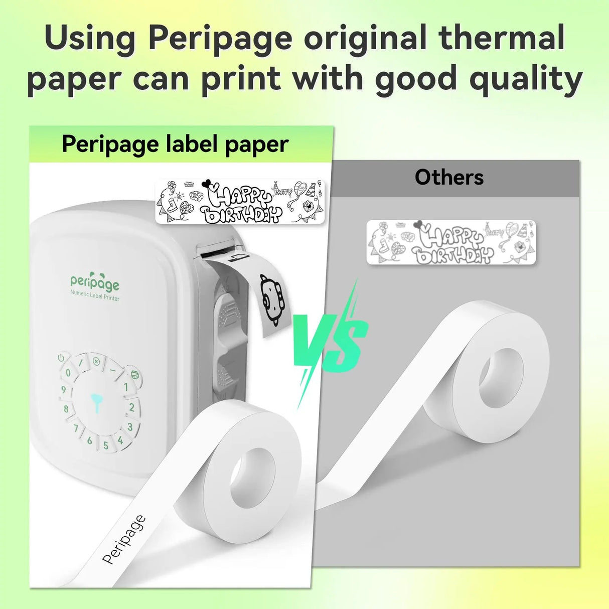 Comparison between Peripage label paper and other brands, highlighting superior print quality on Peripage paper