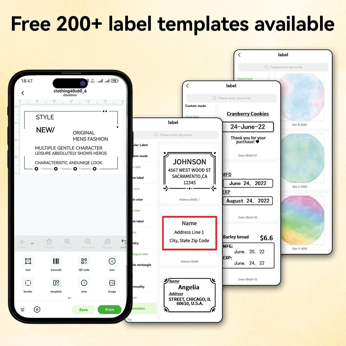PB20 Bluetooth Label Printer, 2 Inch Portable Picture Thermal Printer, showcasing over 200 label templates available in the app