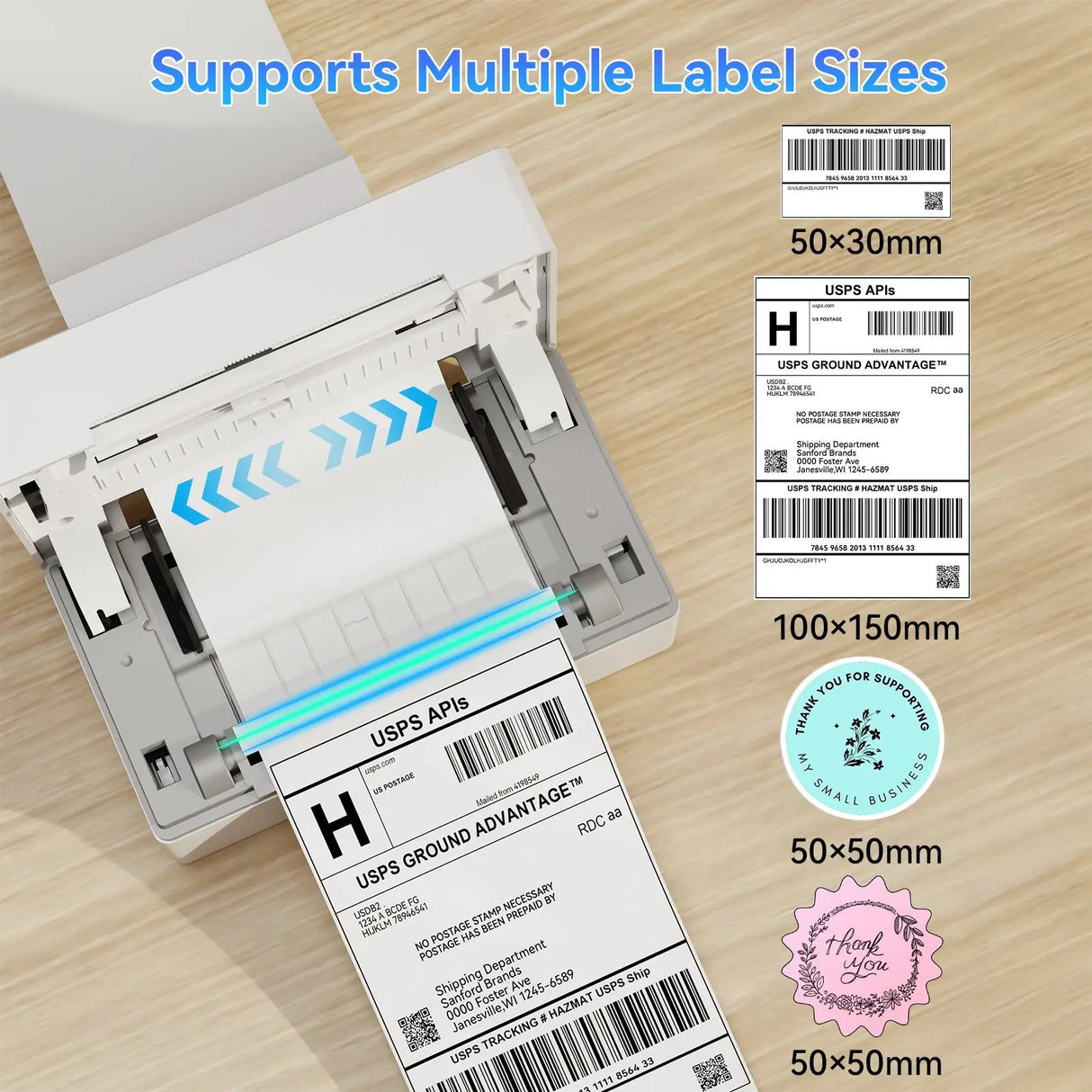 PB 40 Shipping Label Printer in White designed for effortless shipping label printing across iPhone, iPad, Android, Windows, and Mac devices. The package includes the printer, power adapter, USB cable, cords, and user manuals neatly arranged on a wooden table.