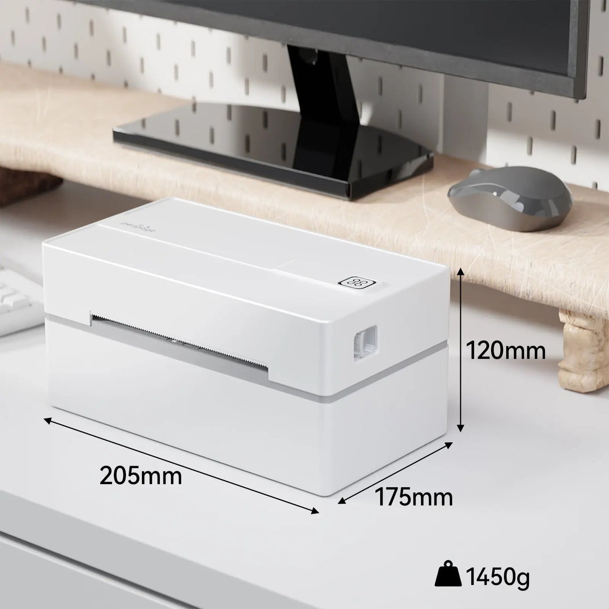 PB 40 Shipping Label Printer in White, designed for effortless shipping label printing across iPhone, iPad, Android, Windows, and Mac devices. The package includes the printer, power adapter, USB cable, cords, and user manuals neatly arranged on a wooden table.
