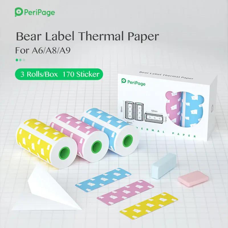 PeriPage A6 bear label thermal paper 3 rolls box with yellow, pink, and blue stickers for A6 A8 A9 printers