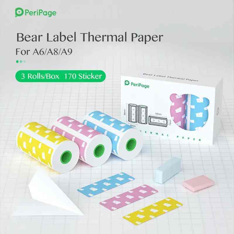 PeriPage A6 bear label thermal paper 3 rolls box with yellow, pink, and blue stickers for A6 A8 A9 printers