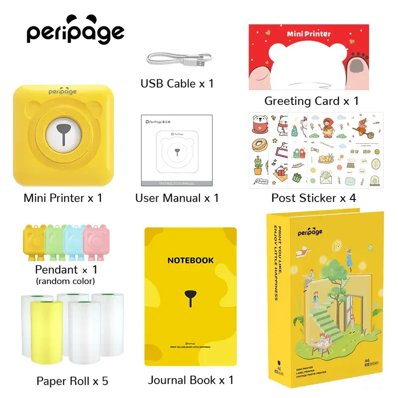 PeriPage 2" A6 Mini Printer Gift Box containing a USB cable, user manual, stickers, and a notebook