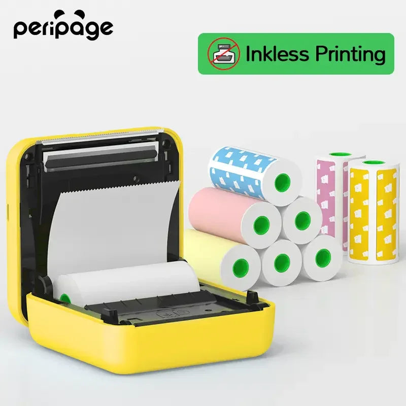 PeriPage 2" A6 Mini Printer with inkless printing technology, showing the device and colorful thermal paper rolls.