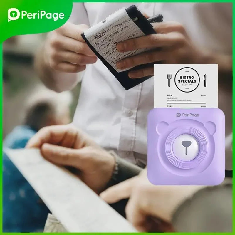 PeriPage A6 Mini Printer in purple connected via Bluetooth to a smartphone for easy printing. Supports writing challenges, photos, and labels with its simple and user-friendly app