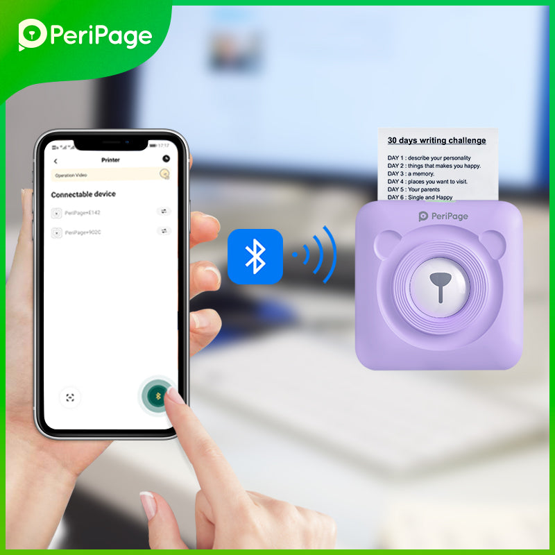 PeriPage A6 Mini Printer in purple with an open lid showing its inkless printing technology. The mini printer is compatible with colorful rolls, perfect for all creative print need