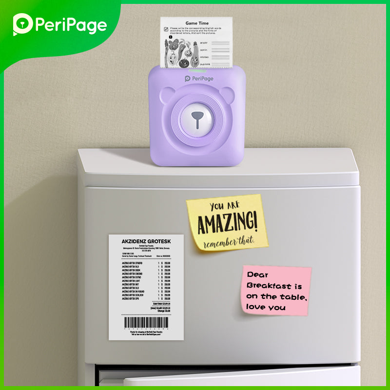 PeriPage A6 Mini Printer in purple printing a receipt-like label with Bistro specials for easy use in small businesses or cafes. The compact printer offers high-quality text and graphic printing