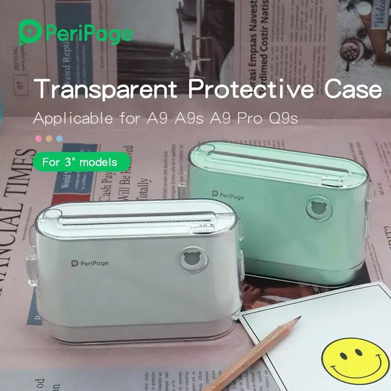 PeriPage A9 Series transparent protective cases for 3-inch printers in white and mint green colors on a newspaper background