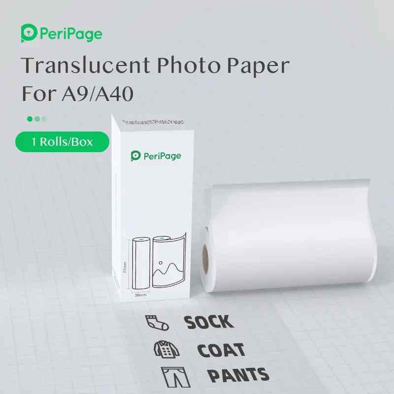 PeriPage Translucent Photo Paper for A9/A40, with box packaging and single roll shown