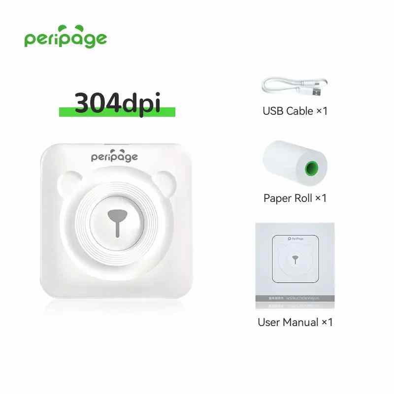 PeriPage White 304dpi High-Resolution Mini Thermal Printer Basic Set with USB Cable, Paper Roll and User Manual