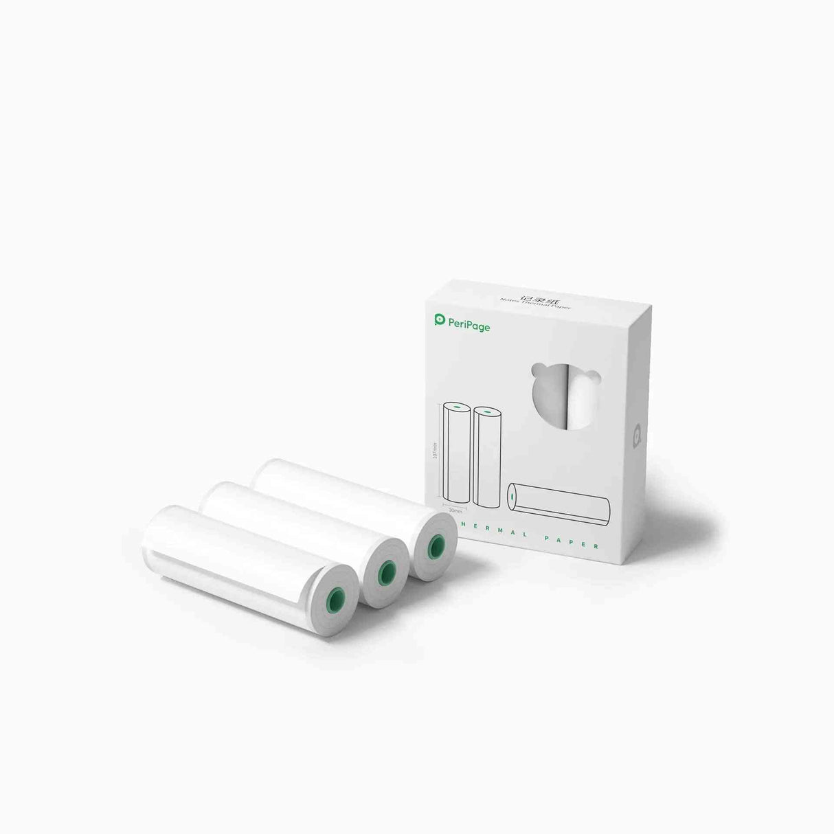 PeriPage 107×30mm White Thermal Paper, 3 rolls per box, each roll 7m long, perfect for use with PeriPage printers for printing notes and documents