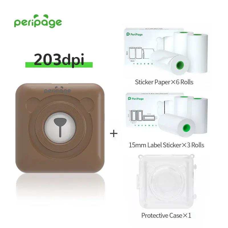 PeriPage 203dpi brown printer package with 6 rolls sticker paper, 3 rolls 15mm label stickers, and transparent protective case