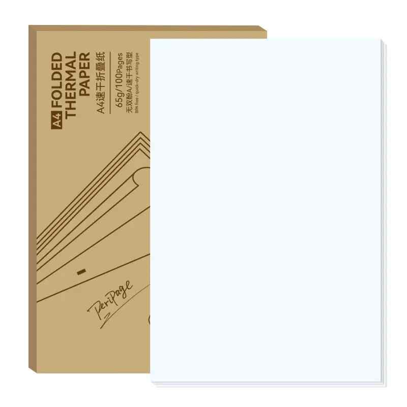 PeriPage A4 Folding Thermal Paper: white, smooth A4 sheets with a tan cardboard sleeve and printed branding.