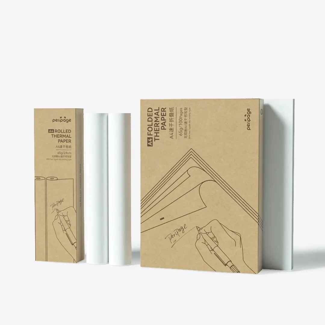 PeriPage A40 thermal paper rolls and folded sheets packaging on white background